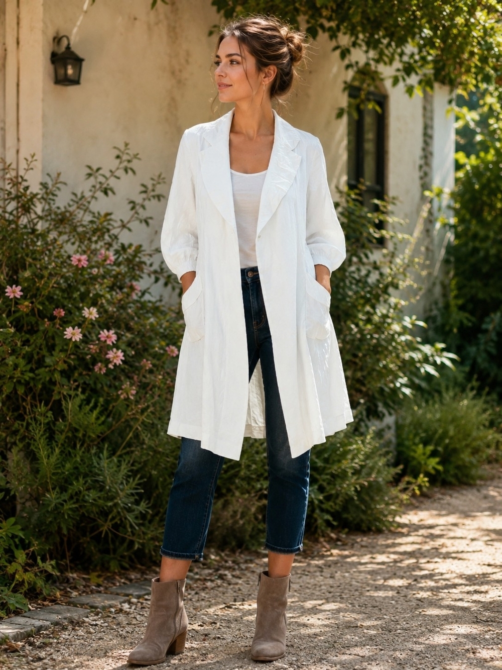 CAbi Artists Jacket Medium Ivory Long Blazer Duster Cotton Rayon Artsy Boho